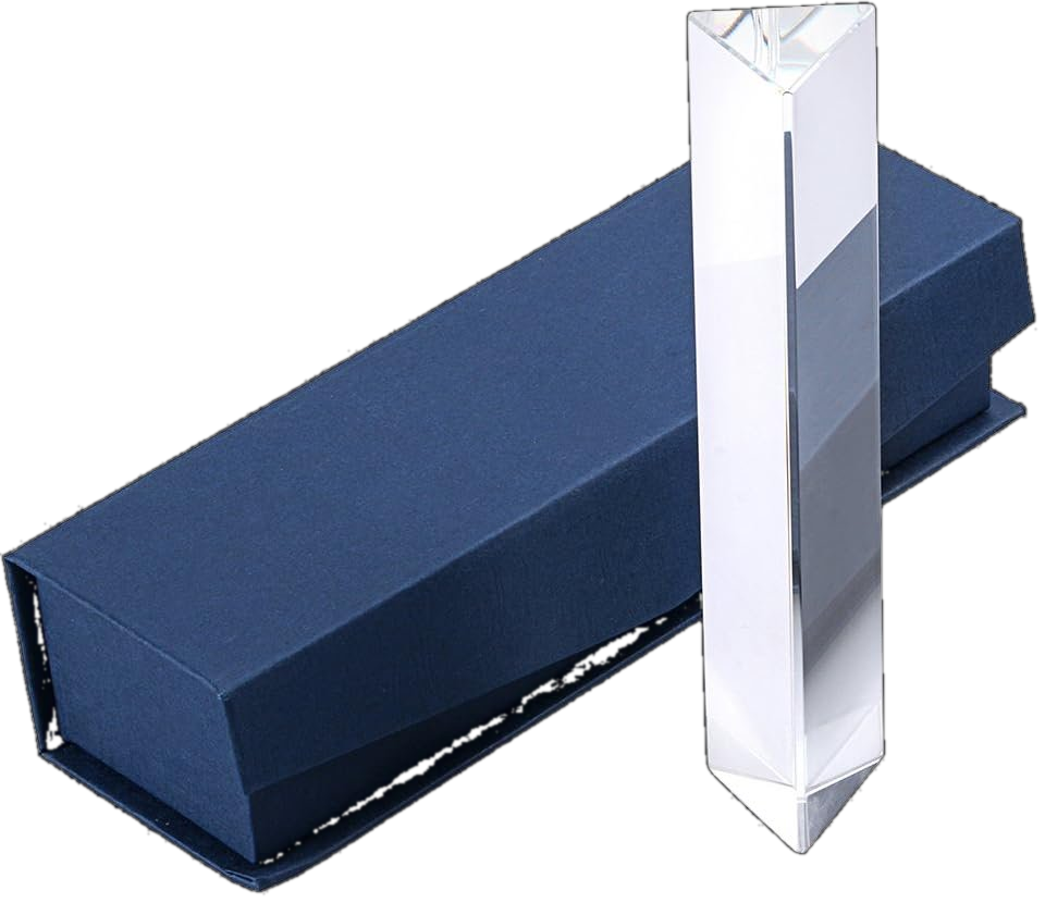 A handheld triangular crystal prism in a navy magnetic gift box, bundled free with the complete collection